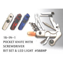 pocket knife with screwdriver bit set & LED light