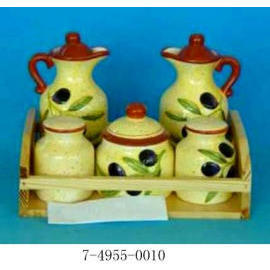 CERAMIC CRUET SET WITH WOODEN RACK (CERAMIQUE CRUET SET AVEC PORTE EN BOIS)