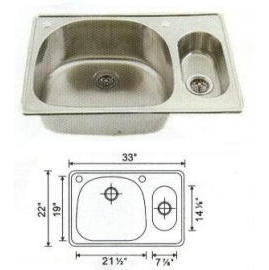 Stainless steel sink Overall Size: 33x22``, Big bowl: 21-3/8x18-3/4x9``, Small b