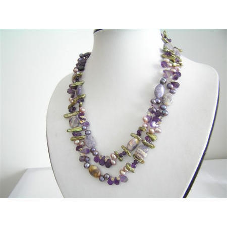 Necklace, Jewelry, hand-made, semi-precious, gemstone, crystal, amethyst, pearl, (Necklace, Jewelry, hand-made, semi-precious, gemstone, crystal, amethyst, pearl,)