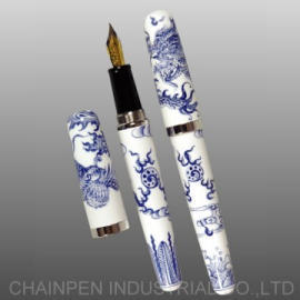 504DX Blue and White Dragon and Phoenix Fountain Pen in Hand-painted Design