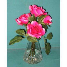 11``H POTTED ROSE IN GLASS VASE