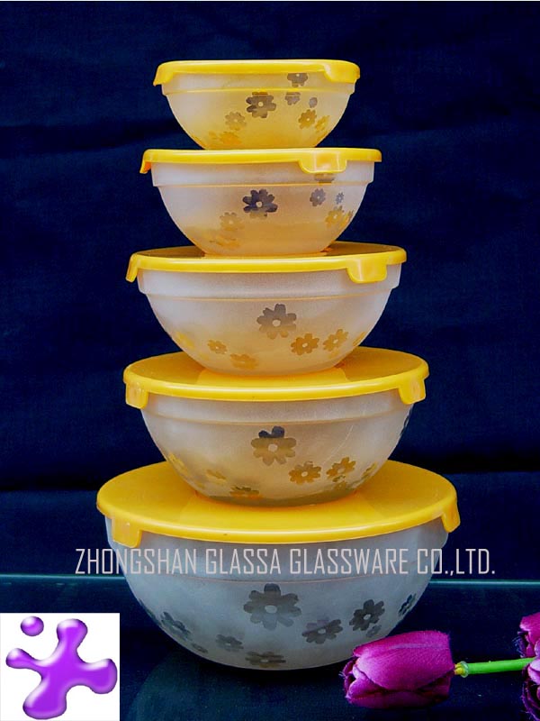  5 Pcs Sandblast Glass Bowls Set With Covers (5 Pcs Sandblast Set bols en verre avec des couvercles)