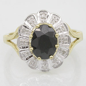 9K Gold Genuine Black Sapphire & Diamond Ring