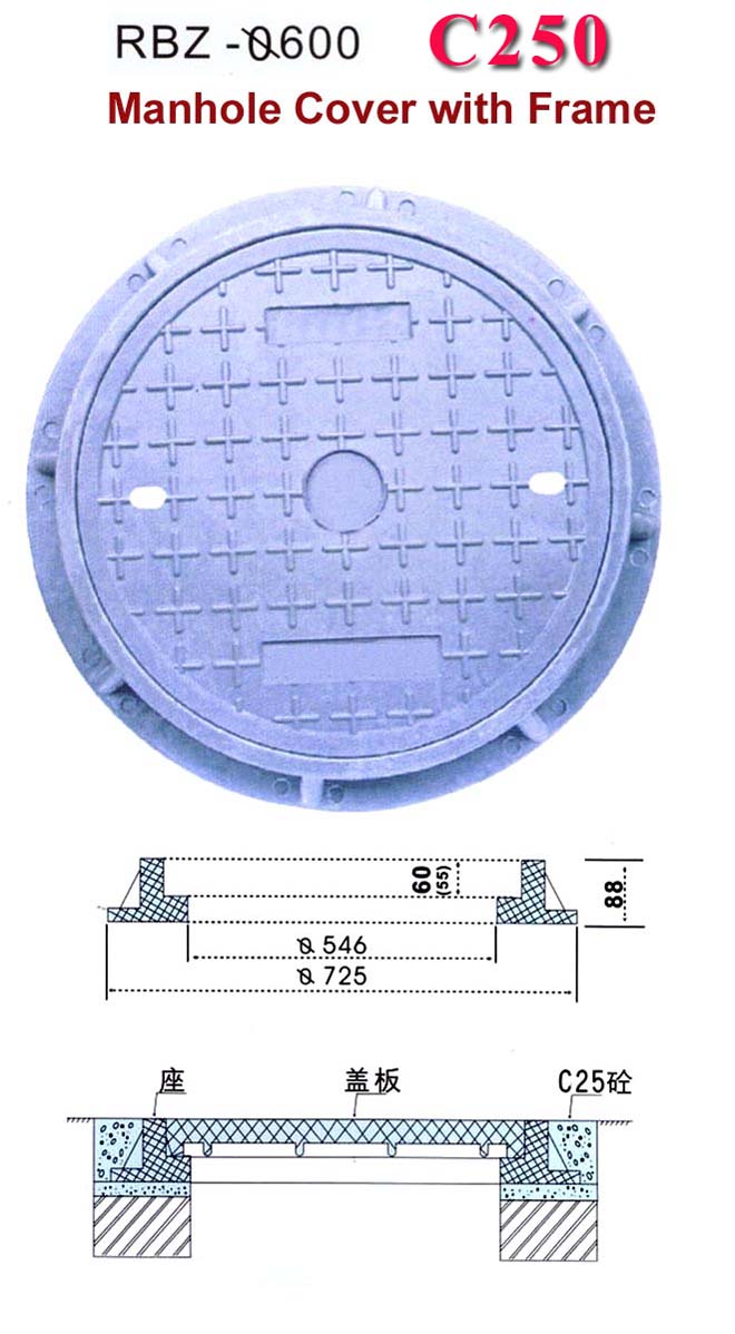  [en124] Composite Resin Manhole Cover With Frame - Dia. 600mm ([EN 124] composite résine de trou d`homme sur une armature - Dia. 600mm)