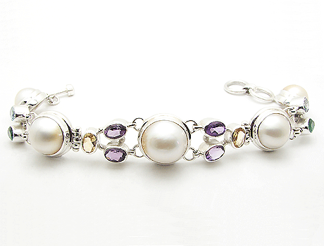  Amethyst Citrine And Blue Topaz With Marble Pearl Bracelet