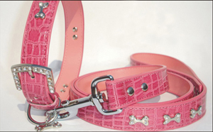  Rhinestone Leather Collar With Lead