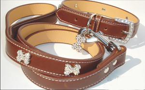  Rhinestone Leather Collar With Lead