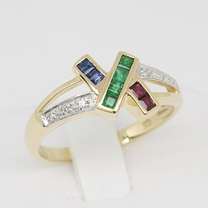  9K Solid YG Genuine Ruby, Emerald, Sapphire & Diamond Ring
