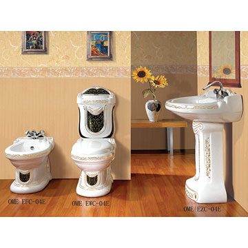  Decorated Close-Coupled Toilet & Pedestal Basin & Bidet
