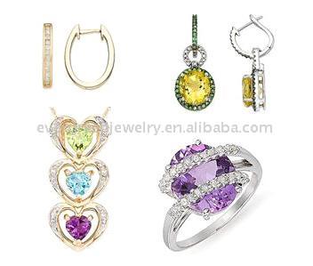  14k Gold Diamond Amethyst Peridot Citrine Ring, Earring And Pendant (14k Gold Diamond Amethyst Peridot Citrin Ring, Ohrring und Anhänger)