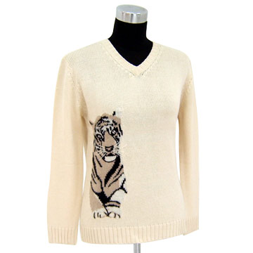  Ladies` V-Neck Pullover with Intarsia Design ( Ladies` V-Neck Pullover with Intarsia Design)