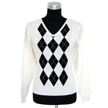  Ladies` 100% Cotton V-Neck Pullover with Intarsia Design ( Ladies` 100% Cotton V-Neck Pullover with Intarsia Design)