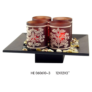  Flocked Glass Candle Holder with Wooden Base (Стекались стекло свеча Держатель с деревянное основание)