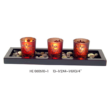  Flocked Glass Candle Holder with Wooden Base (Floqué Glass Candle Holder with Wooden Base)