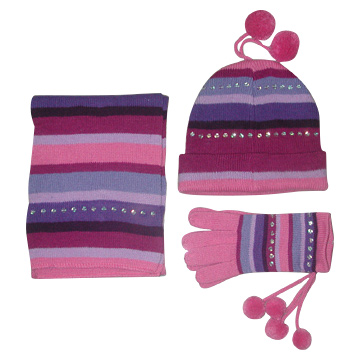  Brushed Acrylic Stripe Scarf / Glove / Hat with Sequins (Brushed акриловая полоса шарф / перчатки / Hat блестками)