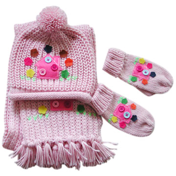 Acrlic Scarf / Glove / Mitten Set with Applique Flowers ( Acrlic Scarf / Glove / Mitten Set with Applique Flowers)