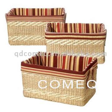  Rush Storage Basket with Stripe Fabric (3pcs) ( Rush Storage Basket with Stripe Fabric (3pcs))