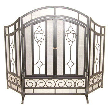  3-Fold Black Wrought Iron Screen with Doors (3-Fold Noir Fer forgé écran avec portes)