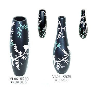 Wooden Vase W/White and Black Design
