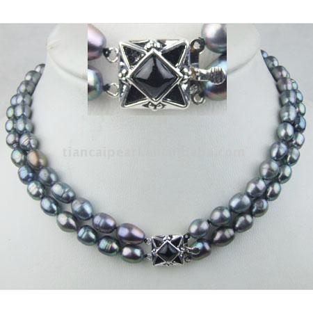  Two Rows Freshwater Pearl Necklace with Unique Sterling Silver Clasp (Два ряда пресноводных Жемчужное ожерелье с Уникальный Серебрянные застежки)