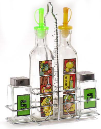  Glass Oil Bottle Set with Wire Stand (Verre Bouteille d`huile Set with Wire Stand)