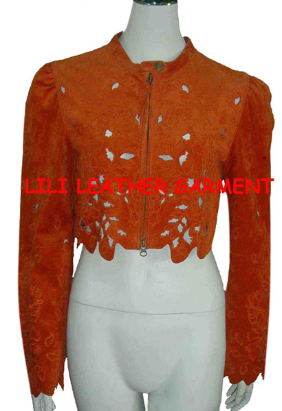  Girls` Pig Suede Jacket with All Over Embroidery ( Girls` Pig Suede Jacket with All Over Embroidery)