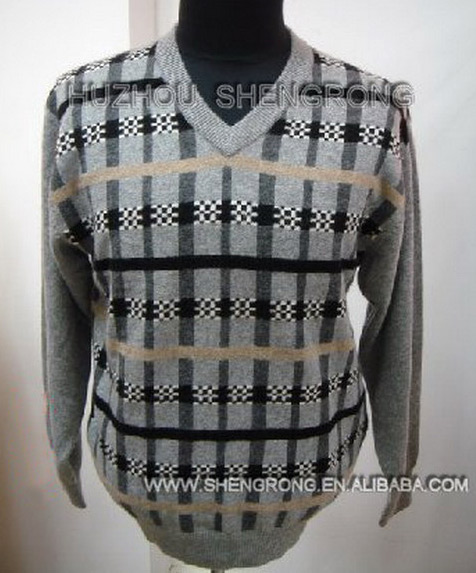  Men`s Wool & Cashmere Jacquard Sweater with V Neck ( Men`s Wool & Cashmere Jacquard Sweater with V Neck)