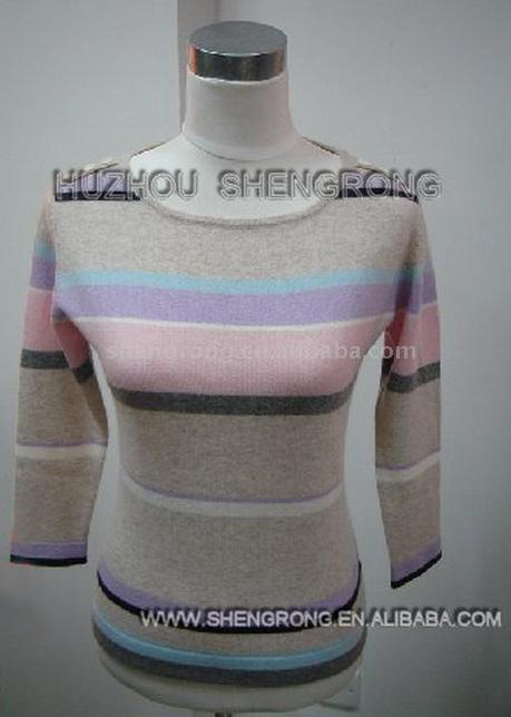  Women`s Cashmere Striped Pullover with Oblong Neck ( Women`s Cashmere Striped Pullover with Oblong Neck)