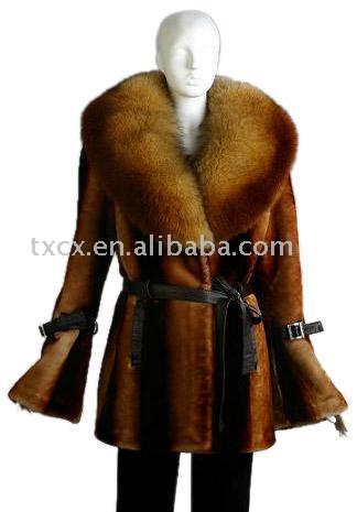  Sheared Sheep Fur Coat with Fox Collar