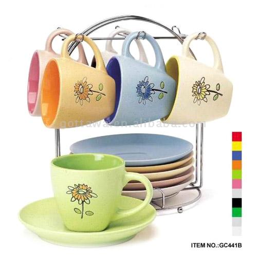  6pcs 220cc Stoneware Cup and Saucer with Stand (6pcs 220cc Grès Cup and Saucer avec support)