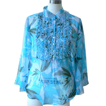 100% Silk Ladies` Long Sleeve Blouse with Ruffle (100% soie Ladies `blouses à manches longues avec des volants)