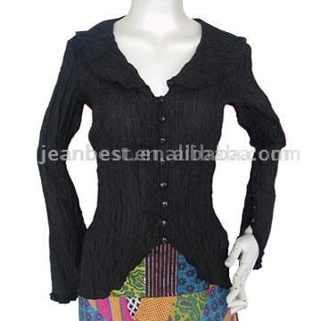 Long Sleeve Crinkled Shirt with Ruffle at Hem (Long Sleeve Crinkled Shirt with Ruffle at Hem)
