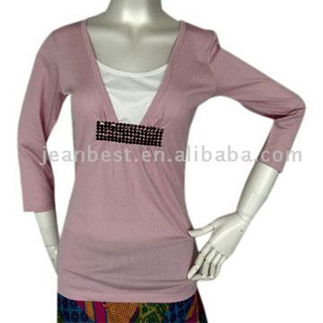 3/4 Sleeve Top with Mock Cami Insert and Sequins on Front (3/4 Sleeve Top with Mock Cami Insert and Sequins on Front)