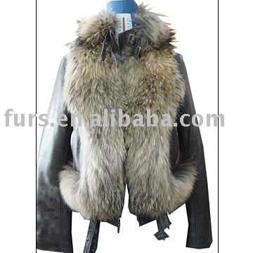 Leather jacket with raccoon fur trimming (Leather jacket with raccoon fur trimming)