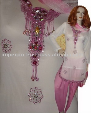 Ladies` Fashion Wear: White Suit (Handmade Cut Dana + Sitara Work)