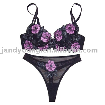 Black/Lilac Embroidered Bra and Matching Thong (Black/Lilac Embroidered Bra and Matching Thong)