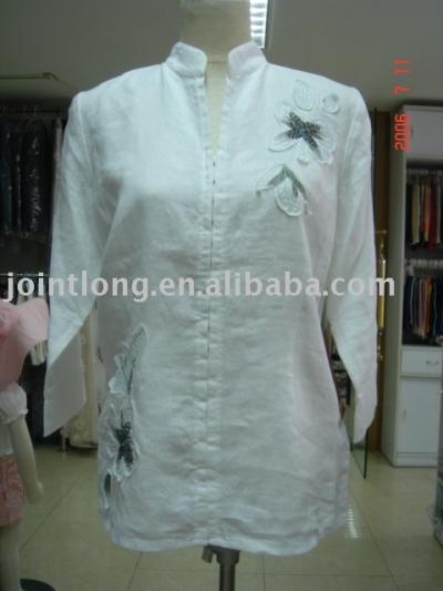 T6S2102017 ladies linen blouse with EMB (T6S2102017 ladies linen blouse with EMB)