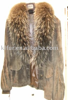 suede leather coat with reccoon collar (suede leather coat with reccoon collar)