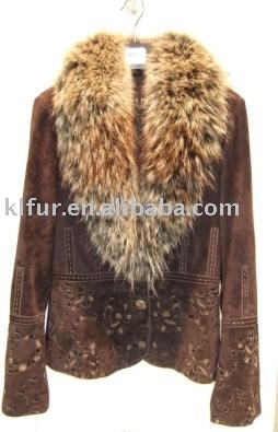 suede leather coat with mink collar (suede leather coat with mink collar)