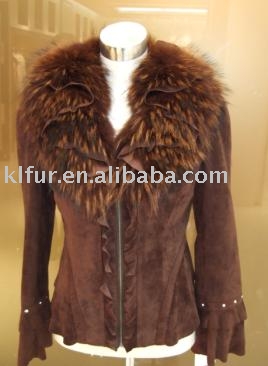 suede leather coat with mink collar (suede leather coat with mink collar)