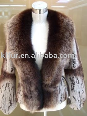 rabbit fur coat with print flower and with fox fur collar (rabbit fur coat with print flower and with fox fur collar)