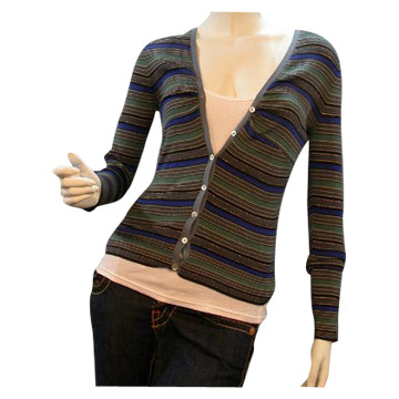 V Neck Striped Button Up Cardigan (Col en V rayé Button Up Cardigan)