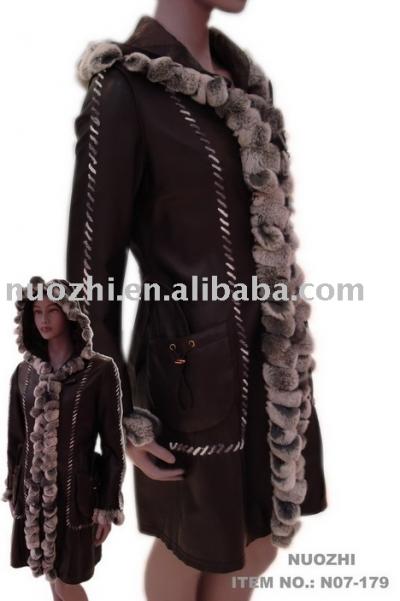 Women`s Leather Long Coat With Rabbit Furs (Women`s Leather Long Coat With Rabbit Furs)
