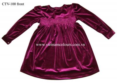 Embroidered %26 Smocked Velvet Dress With Long Sleeve