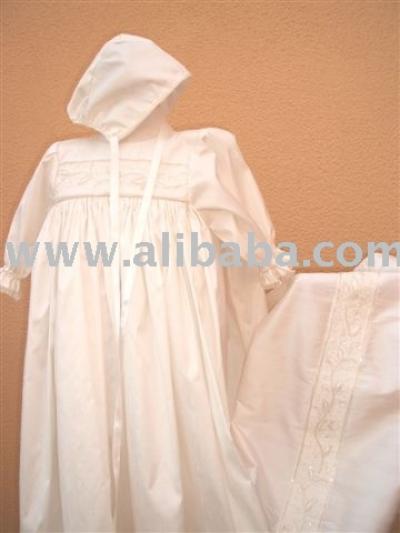 Unisex Christening Gown Beaded White Silk Dupioni