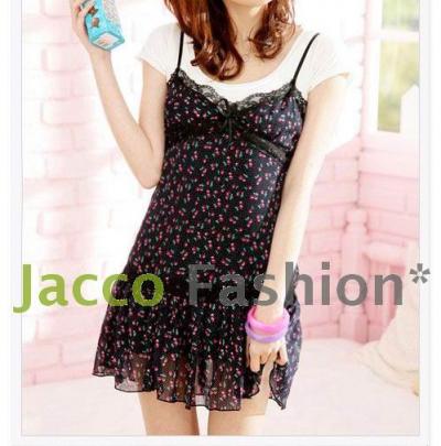 [super Deal] Toto Fashionable Cherry Chiffon With Lace Tank Dress, Fashion Japan ([Super сделки] Тото Модный Cherry Шифон Танк с кружевами платье, мода Японии)