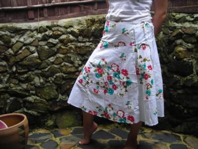 White Cotton / Silk Wrap Skirt With Flowers