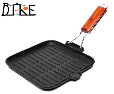 Square Cast Iron Grill Pan with Folding Wooden Handle (Square Cast Iron Grill Pan with Folding Wooden Handle)